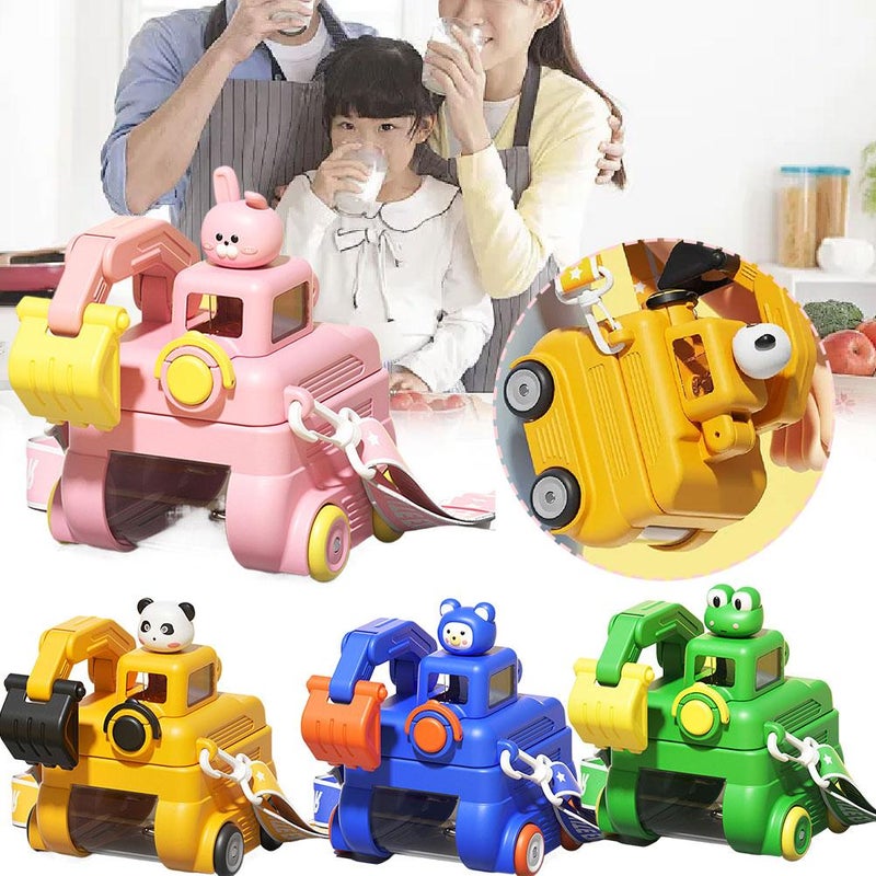 17oz Cute Animal Excavator Water Bottle with Straw and Adjustable Straps for Kids,2025 Cartoon Car Water Cup Travel Mug for Toddlers, Vacuum Leak Proof Portable Digger Bottle Gifts for Boys Girls - Image 2